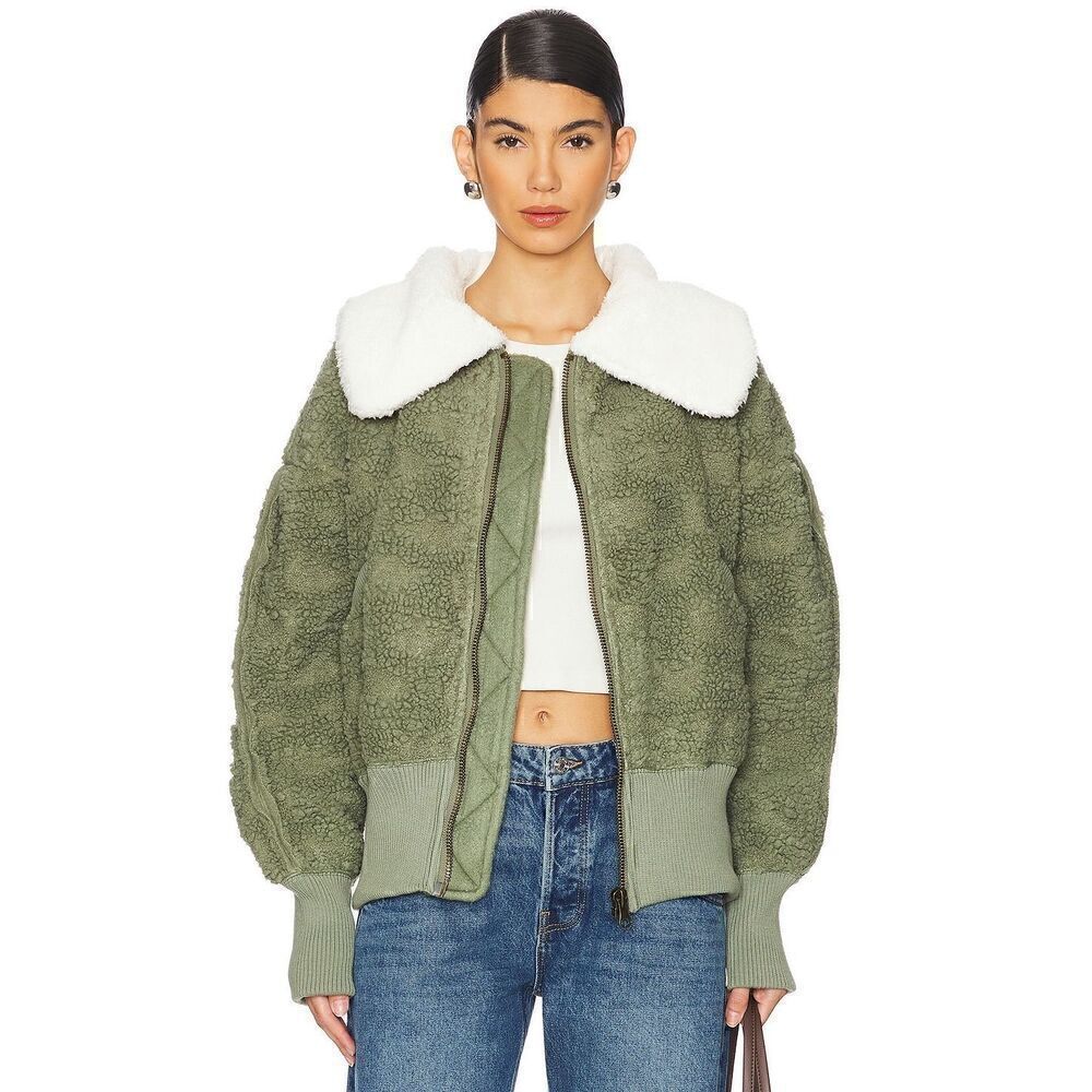 Free People Women's Green White Cozy Up Fleece Faux Fur Cardigan Jacket XL NWOT